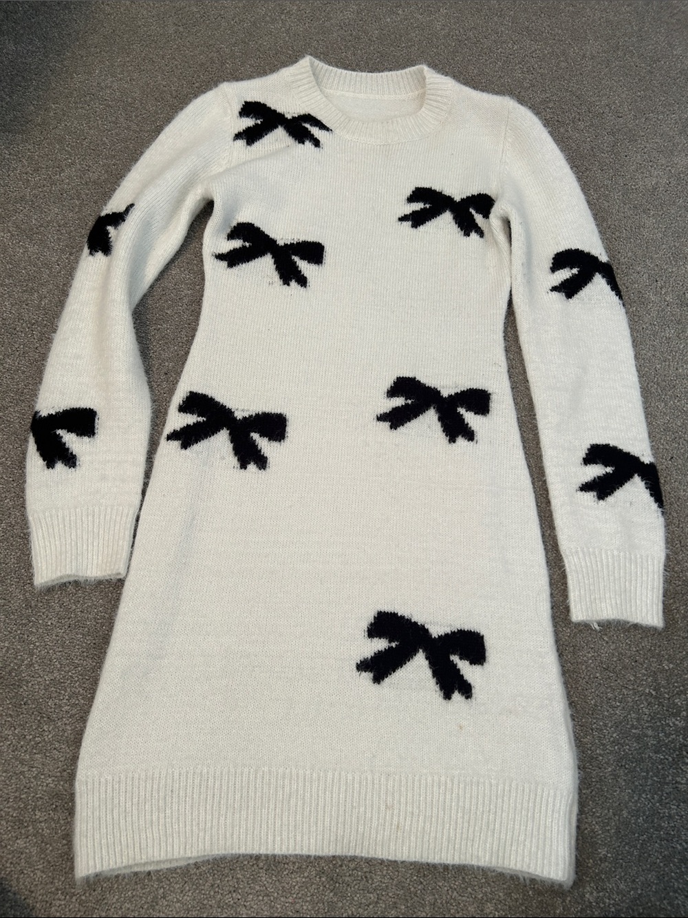 Cream Bow-Pattern Knit Sweater Dress